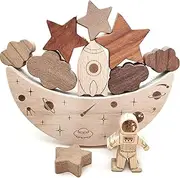 BEACENOV Montessori Wooden Balance Stacking Toys for Toddler,Wooden Stacking Blocks Toys, Toddlers Educational Toys for Baby Boy Girl Ages 2-4 Years Old,Space Theme Balance Stacking Game,Toddler Gift