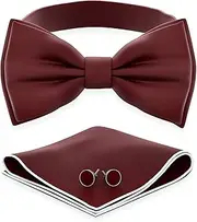 [Adam Young] Men's Bow Ties with Handkerchief & Cufflinks Pre-Tied Style Formal Satin Classic Bowtie for Tuxedo Faux Silk