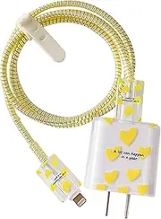 Cute Heart Charger Protective, Fast Charger Case for iPhone Fast Charger 18W/20W USB-C Power Adapter and Lightning Cable, Data Cable Protector-Yellow
