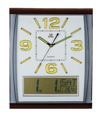 PEARL Quality Wall Clock with Large LCD date month temperature Display PW066