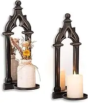 Walasis Candle Sconces Black Wall Decor - Gothic Wood Candle Holder - Mirror Farmhouse Candles Sconce Set of 2