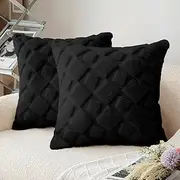 CJWLKJ 2Pcs Soft Faux Fur Throw Pillow Covers 18x18 - Plush Short Wool Velvet Decorative Pillow Covers - Couch Sofa Pillow Covers for Living Room - with 3D Plaid Pattern (Black)