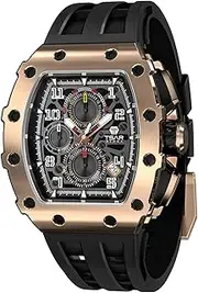 TSAR BOMBA Mens Watches Luxury Tonneau Watches for Men Waterproof 50M Analog Replica Watch Chronograph Calendar Date Men’s Dress Business Work Watch Diver Large Square Face Wristwatch, Gold Black,