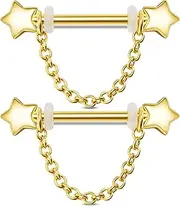 [Jewseen] Dangle Nipple Bars 2 Pieces Nipple Barbells Chain Nipple Rings 14G Nipple Shield Barbell Star Nipple Piercing Jewellery for Women Gold, Stainless Steel