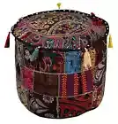 Pouf Ottoman Foot Stool Fabric Patchwork Embroidered Puffe Cover Indian Black