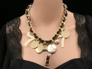 Lucky 7 hawksbill turtle shell imitate statement bib brown leather necklace N95