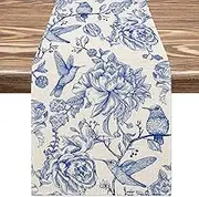 AnyDesign Blue Floral Table Runner Retro Monochrome Sketch Birds Flower Table Cover Vintage Chinoiserie Kitchen Dining Table Decor for Indoor Outdoor Home Party Supplies, 13 x 72 Inch