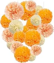 Capesaro Orange Paper Pom Poms - Peach Tissue Pom Poms Decorations for Party Hanging Decor - 15 Piece Set