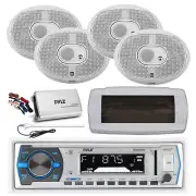 Pyle Bluetooth Marine Radio,Cover, Antenna,Amp w/Kit, 4x 6x9" 200W White Speaker