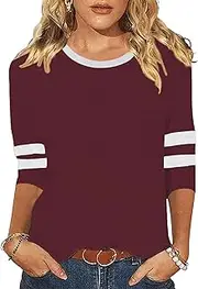[FDKLOOK] Shirt 3/4 Sleeve Women's Summer Tops Teenager Girls Striped Tunic Women's Large Sizes Casual Shirt, Wine red, L