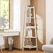 Oikiture Ladder Shelf 5 Tier Corner Bookshelf Home Book Shelf Display Stand Shelf White