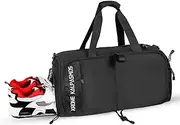 [Krone Kalpasmos] Foldable Gym Bag for Men, Waterproof Duffel Bag for Women, Weekender Bag with Shoe Compartment for Overnight Travel, 45L Nylon Crossbody Gym Accessories,Get White Toiletry Bag, Black,