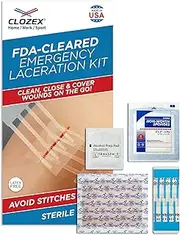 [Clozex] Emergency Laceration Kit - Repair Wounds Without Stitches. FDA Cleared Skin Closure Device for a Wound Up to 1 1/2 Inches in Length. Complete Kit to Clean, Close, and Cover Wounds.