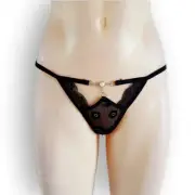 Black mesh and lace g-string with silver metal + white pearl bead centre detail