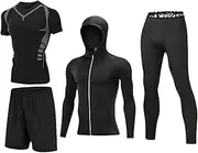 [NAMSAT] Men's Compression Shirt Includes Shirt & Pants Hoodie for Men Outdoor Sports Running Fitness 4PCS-C, Medium, 4PCS-C, M