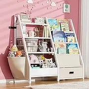 Kids Bookshelf and Toy Storage with Drawer, Montessori Baby Toddler Bookcase, 2 in 1 Kids 3 Book Sling Shelf with 4 Tier Toy Storage Organizer for Playroom, Bedroom, Nursery