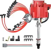 MAS Red Cap Distributor & Spark Plug Wires & Free Tachometer Pigtail Wire Harness Combo Kit Cap and Rotor Compatible with Chevy 305 454 C10 GMC SBC BBC 350 400
