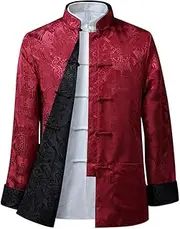 [NTWSHS] Chinese Clothing Kung Fu Jacket Clothing - Embroidery Chinese Truly Reversible Tang Suit Traditional Ancient Costume Tai Chi Long Sleeve Both Sides(Red,XX-Large)