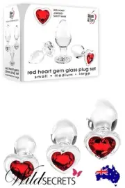 NEW Adam and Eve Red Heart 3 Piece Glass Butt Plug Set with Gemstone Base