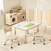 Kids Table and 2 Chairs Set, Height Adjustable Toddler Table and Chairs, Graffiti Desktop Kids Study Table with Anti-Slip Foot Covers, Children Activity Table for Ages 2-10