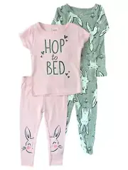 Infant & Baby Girls Pink Hop To Bed & Grey Bunny Pajama Set 9M