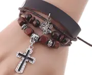 Wood Colorful Beaded Cross Religious Charm Wrap Bracelet