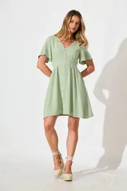Amaya Dress Short Sleeve in Pale Green Linen Blend 8