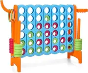 Costway Giant 4-in-A Row, Jumbo 4-to-Score Giant Game Set for Kids & Adults, Indoor Outdoor Family Connect Game w/Basketball Hoop, Ring Game, 42 Jumbo Rings, Quick-Release Slider (Orange)