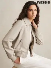 Reiss Grey Jasmine Leather Bomber Jacket (F06892) | $780