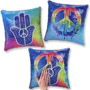 Reversible Sequin 14" Square Pillow, Hamsa Peace Hand/ Peace Sign