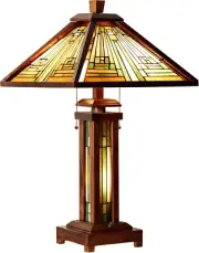Handmade Tiffany Table Lamp – 15" Shade, Wooden Base, Arts & Crafts Style, Warm
