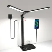 LED Desk Lamp with Dual Heads, Height Adjustable, USB Charging Port, 5 Light ...