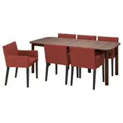 STRANDTORP / MÅRENÄS table and 6 armchairs, brown black/Gunnared red-brown, 150/205/260 cm