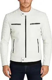 [LP-FACON] Mens Brando Motorcycle Cafe Racer Retro Biker - White Leather Outerwear Jacket Collection