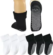[hakugoo] 6 Pairs Toddler Non Slip Socks with Grippers Winter Thick Warm Cozy Crew Socks for Baby Kids