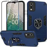[Btstring] Case for Nokia C32 and Screen Protector Tempered Glass, Shockproof Tough Armour Phone Case, Heavy Duty Personalised Case with Stand, Blue