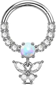 [Jewseen] 16G Dangle Septum Rings Butterfly Septum Jewelry CZ Septum Piercing Jewelry Opal Hinged Segment Ring Daith Piercing Jewelry Cartilage Helix Conch Piercing Jewelry for Women Men