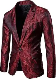 [Aosufei] Men's Blazer Stylish Print Floral Suit Jacket Lightweight Wedding Tuxedo Jacket Lapel One Button Suit Coat, Red2, Medium