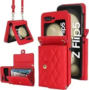 [Asuwish] Phone Case for Samsung Galaxy Z Flip 5 5G 2023 Wallet Cover with RFID Blocking Shoulder Crossbody Wrist Strap Credit Card Holder Purse Cell Accessories ZFlip5 Z5 G Flip5 5Z Women Men Girls Red