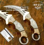 IMPACT CUTLERY RARE CUSTOM D2 FULL TANG KARAMBIT KNIFE ENGRAVED COPPER BOLSTERS