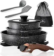 Kitchen Academy Detachable Handle Induction Cookware Sets - 10 Piece Non-Stick Cooking Pots and Pans, Black Granite Stackable RV Cookware for Camp