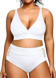 [Yonique] Womens Plus Size Bikini High Waisted Swimsuits Two Piece Bathing Suits Tummy Control Swimwear