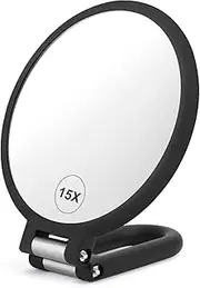 Maedery Magnifying Handheld Mirror Double Sided, 1X and 15X Magnification Travel Folding Held Adjustable Rotation Pedestal Desk Vanity, Black