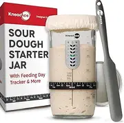 KneadAce Sourdough Starter Jar With Date Marked Feeding Band, Thermometer, Sourdough Fermentation Jar Scraper, Sewn Cloth Cover & Metal Lid, Sourdough Starter Kit (1 Pack)