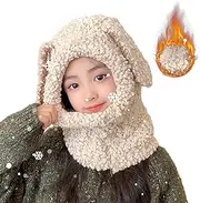 [Vbnuyhim] Furry Animal Hood Hat Scarf, Outdoor Bunny Hat Scarf Set, Indoor Warm Thick Wool Animal Hoodie, Plush Hoddie Hat with Attached Scarf for Women Teen Girls Winter