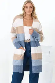 Eastley Cardigan - Open Front Stripe Cardigan in Blue