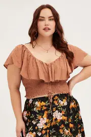 Brown Crop Top Short Sleeve Frill