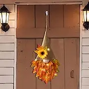 Fall Decor, Small Fall Garland Gnome with Maple Leaves and LED String Lights, Thanksgiving Decorations, Unique Gnome Fall Wreath for Front Door