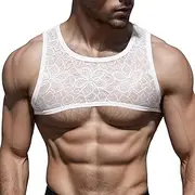 [FEOYA] Men's Mesh Crop Top See Through Crop Top See Through Round Neck T Shirt Sexy Shiny Metallic Half Muscle Tee