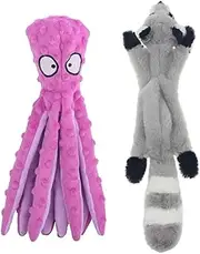 Squeaky Dog Toys for Small, Medium, and Large Pets, Cute Interactive Plush Dog Chew Toys, Purple Octopus and Raccoon, 2 Pack